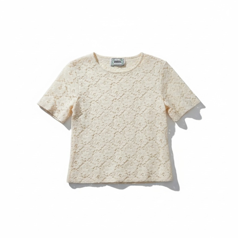 Basil Vintage Cream Floral Lace Short Sleeve Crew‎ Neck Blouse, Women Small Top